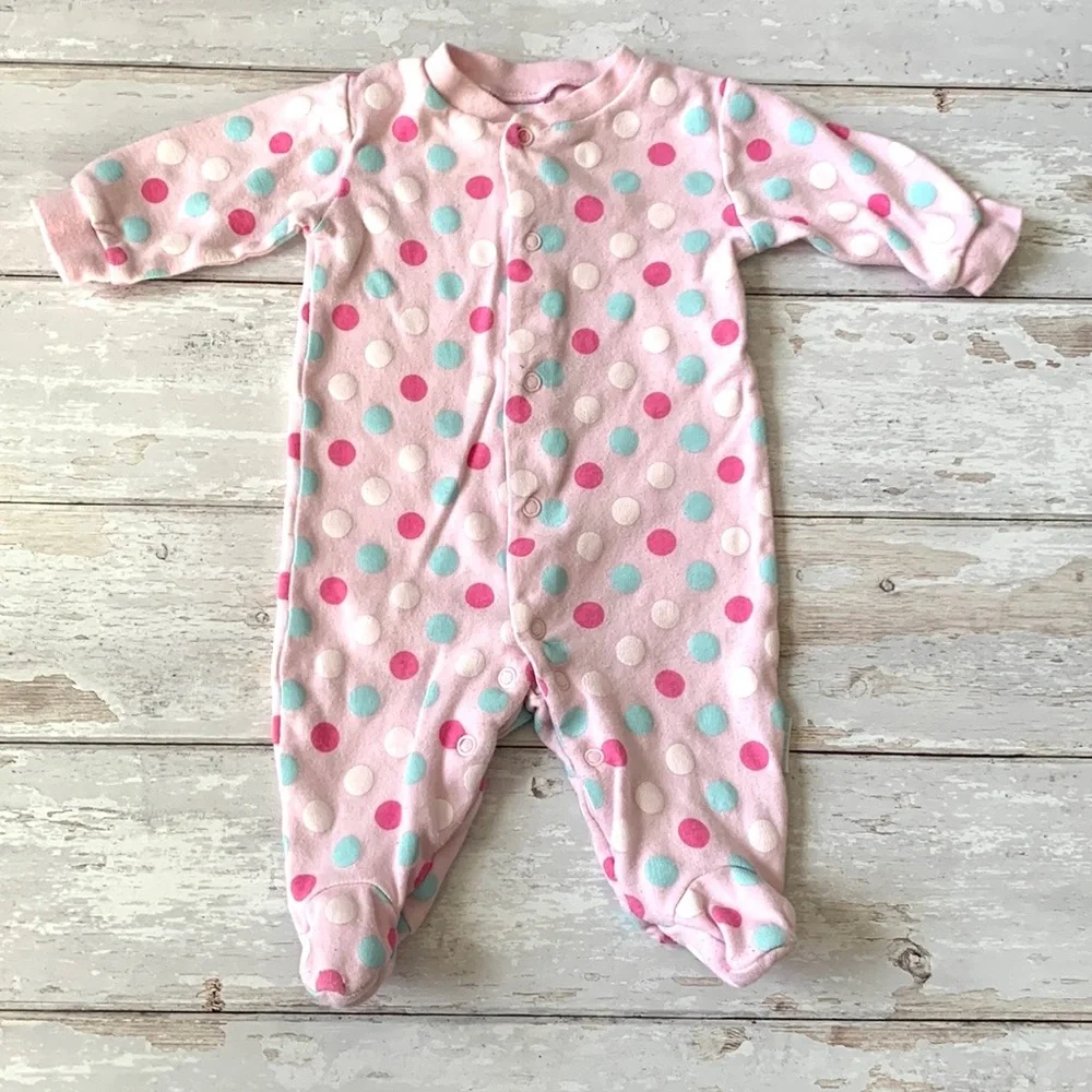 Baby Girl 0-3m Pink Polka Dot Footie Sleeper Pajamas One Piece Outfit Pjs NB